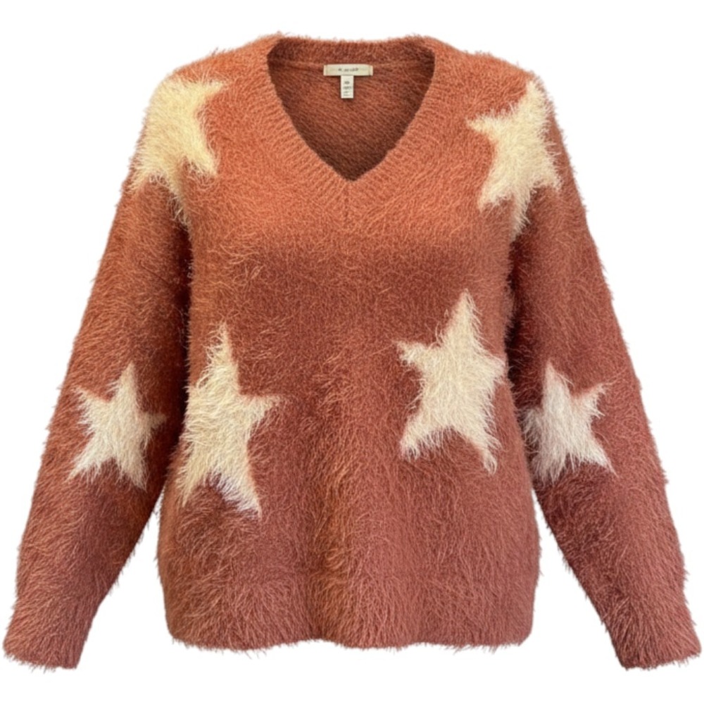 Lush Womens Star Print Eyelash Knit V-Neck Sweater Mulberry LT13628-GI Medium